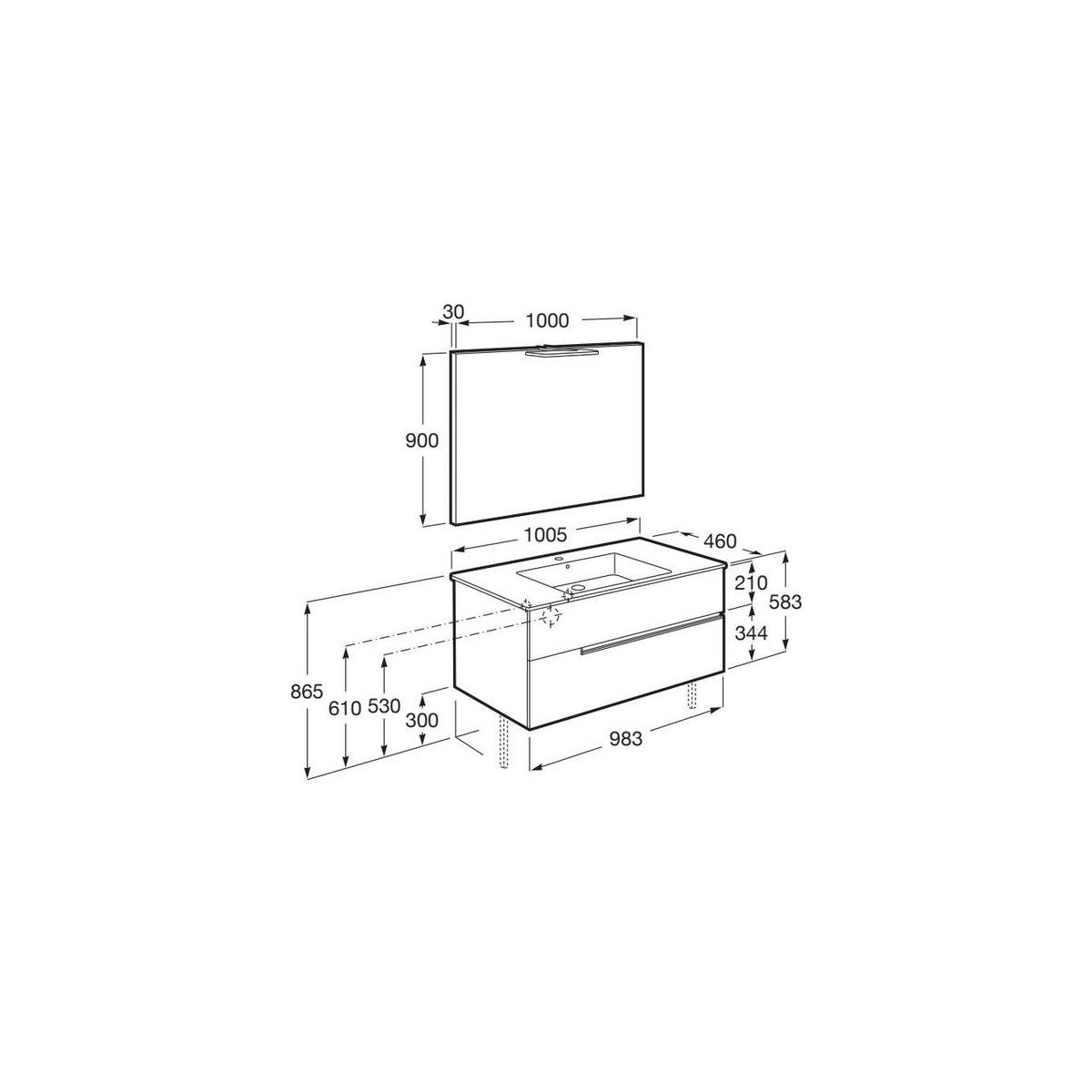 Victoria-n pack (meuble+lavabo+miroir+applique) 2 tiroirs 1000 mm onyx - ROCA A852108531 