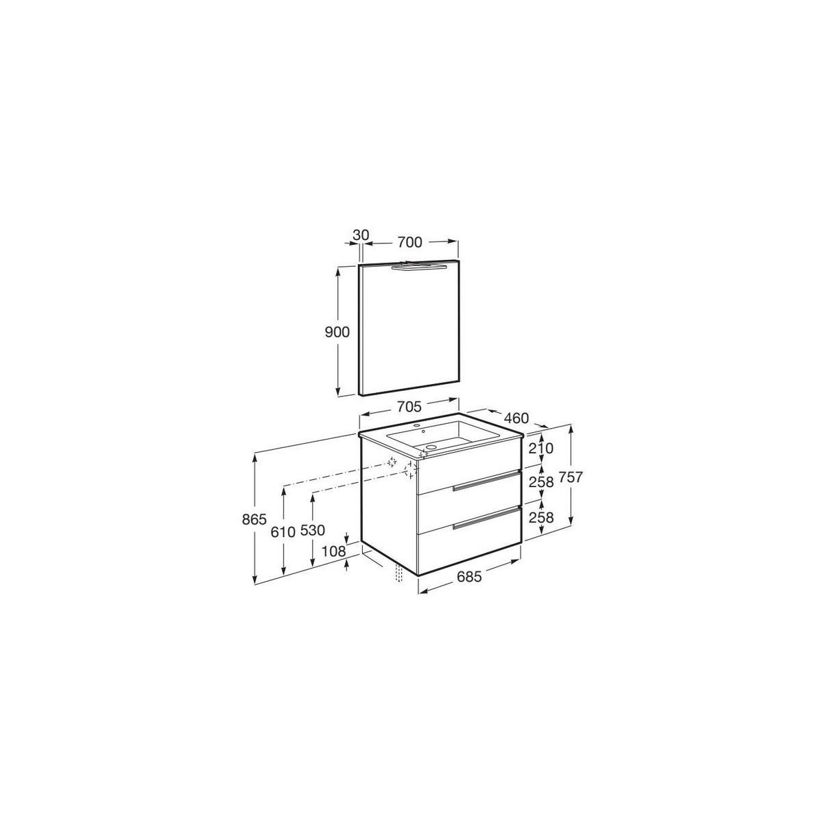 Victoria-n pack (meuble+lavabo+miroir+applique) 3 tiroirs 700 mm frêne clair - ROCA A852111541 