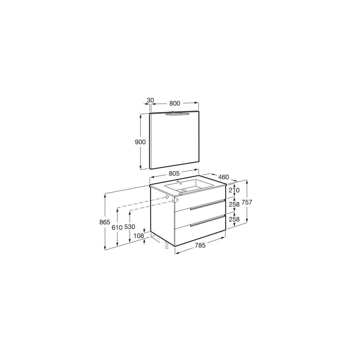 Victoria-n pack (meuble+lavabo+miroir+applique) 3 tiroirs 800 mm frêne clair - ROCA A852112541 