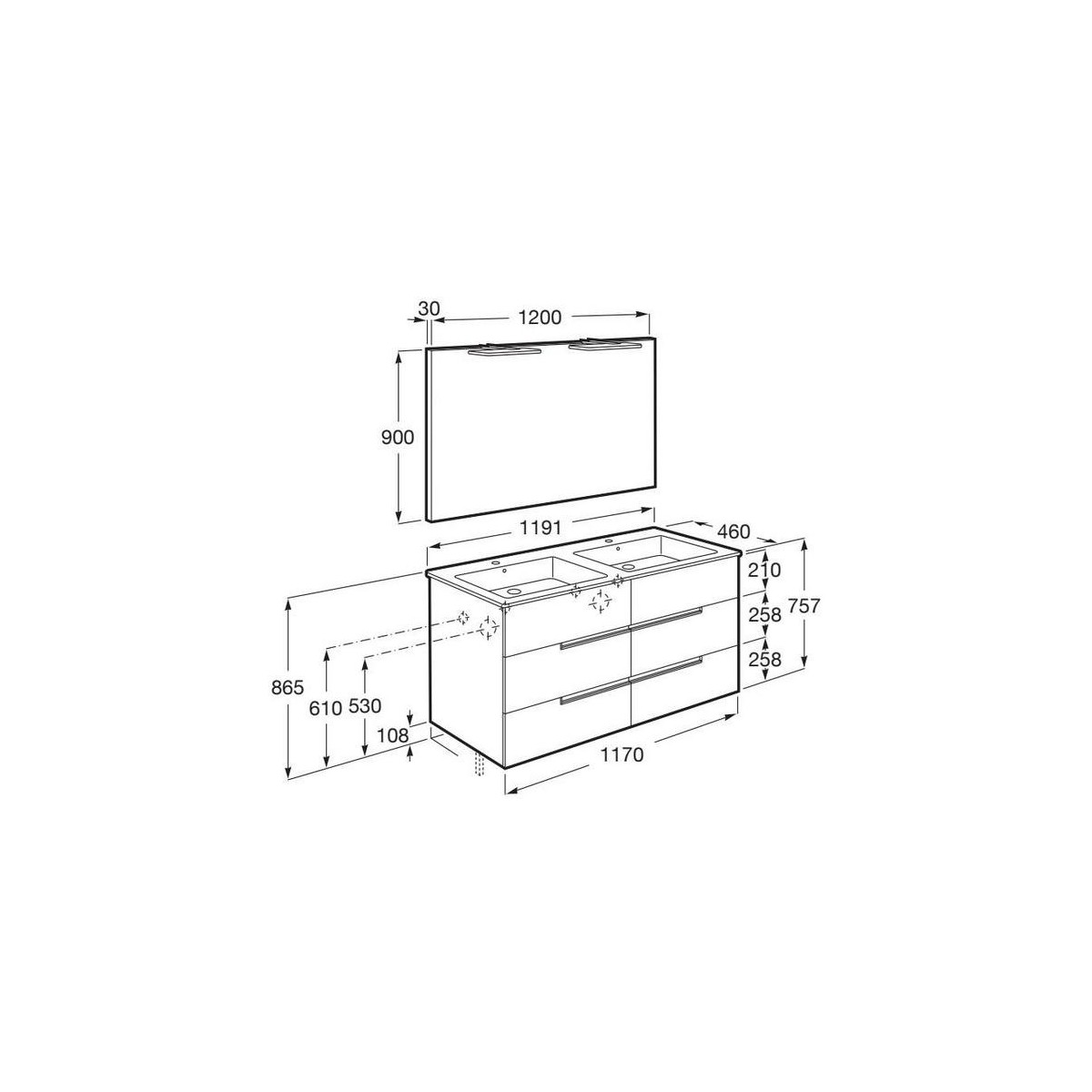 Victoria-n pack (meuble+lavabo+miroir+appliques) 6 tiroirs 1200 mm blanc mat - ROCA A852114509 