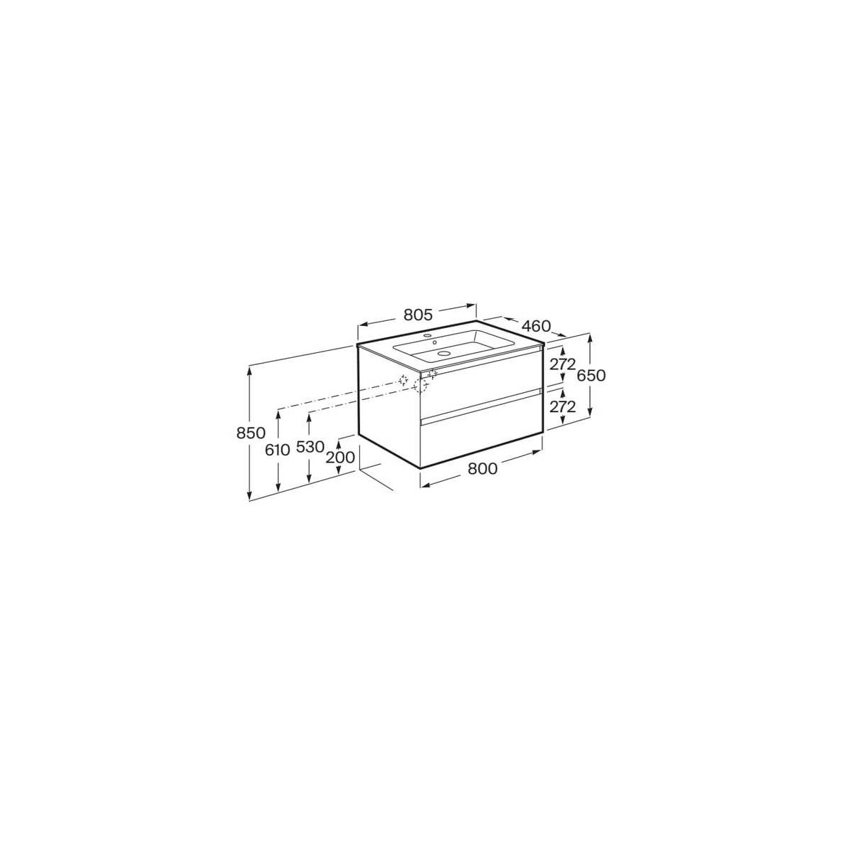 Tenue unik (meuble + lavabo plan procelaine) 2 tiroirs 800mm bleu nuit mat - ROCA A852486538 
