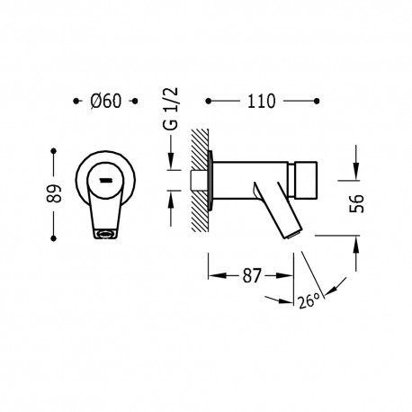 Lavabo mural entrée 1/2” G. Mâle. Fermeture automatique à 6 secondes. Débit 6,5 l/min. - TRES 01210002